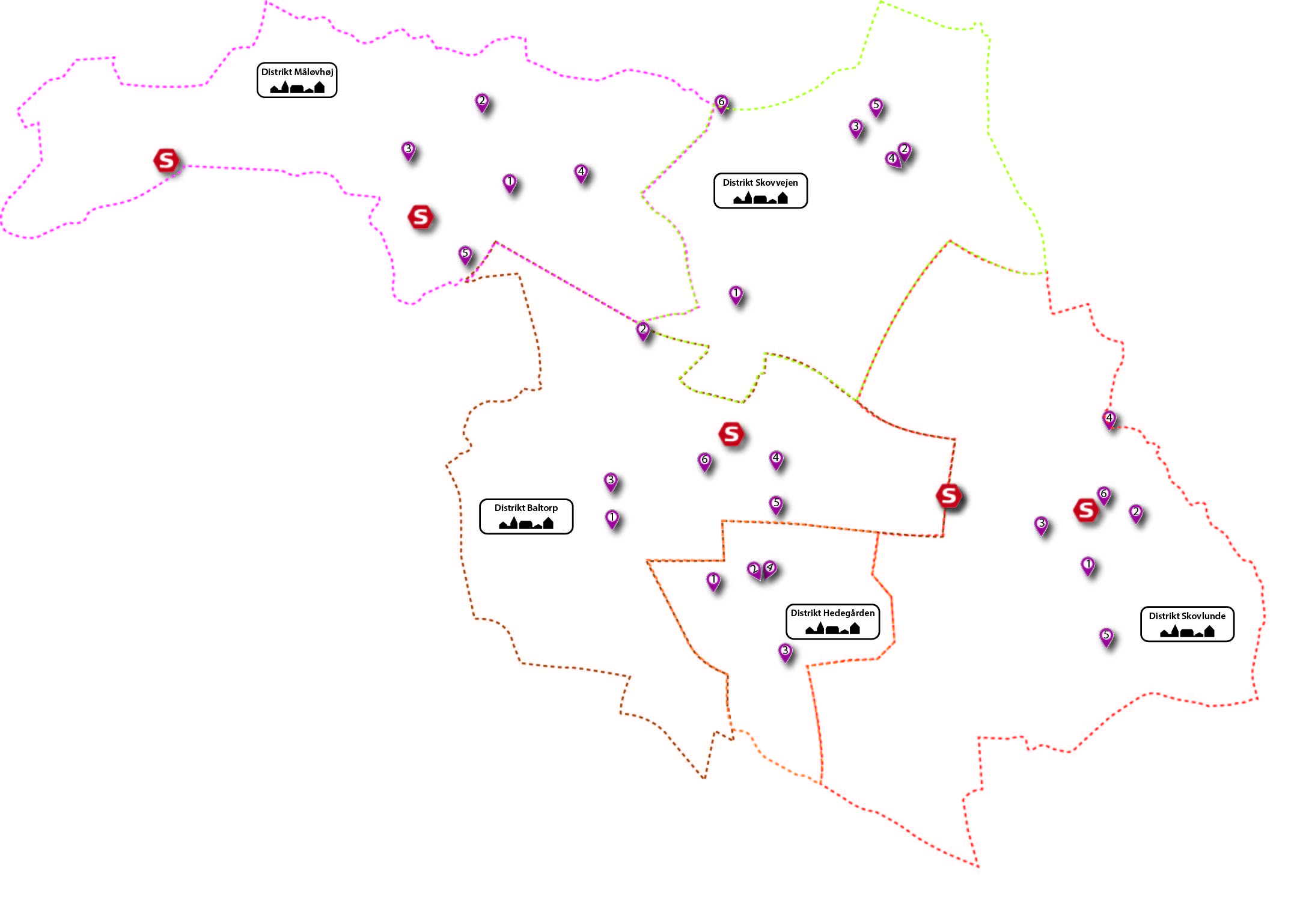 Distriktskort med overblik over børnehusenes placering i kommunen