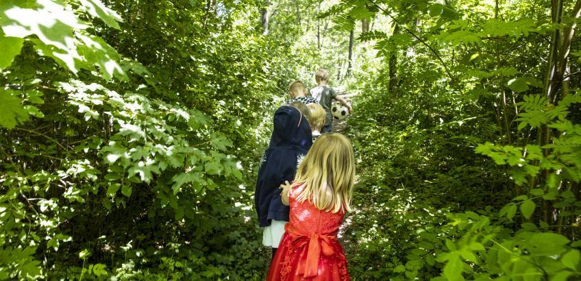 Børn løber gennem træerne i børnehusets skov